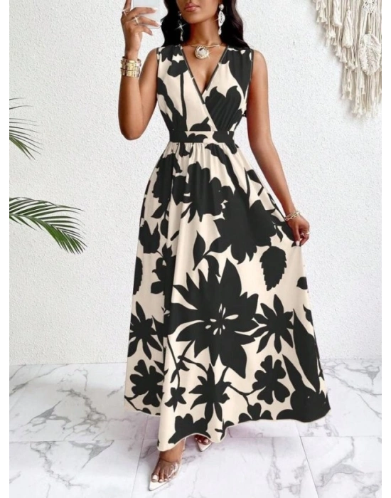 Kadın Askılı Kruvaze Yakalı çiçek Desenli Uzun Süprem Elbise