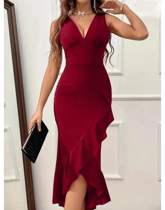 Kadın Askılı V Yakalı önden Fırfırlı Uzun Ithal Krep Elbise