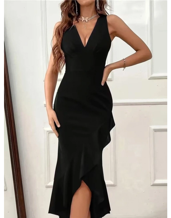 Kadın Askılı V Yakalı önden Fırfırlı Uzun Ithal Krep Elbise