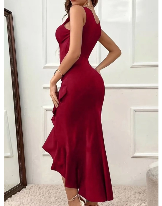 Kadın Askılı V Yakalı önden Fırfırlı Uzun Ithal Krep Elbise