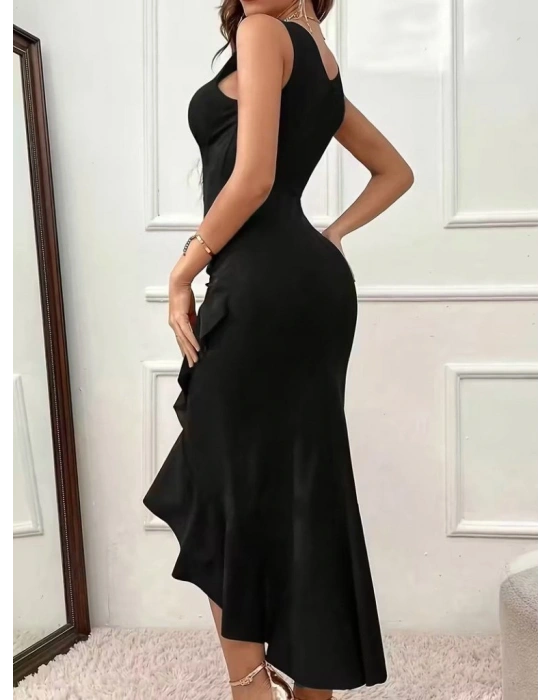 Kadın Askılı V Yakalı önden Fırfırlı Uzun Ithal Krep Elbise