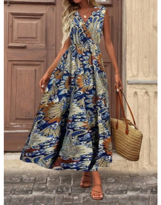 Kadın Askılı Kruvaze Yakalı Uzun Desenli Kemersiz Süprem Elbise