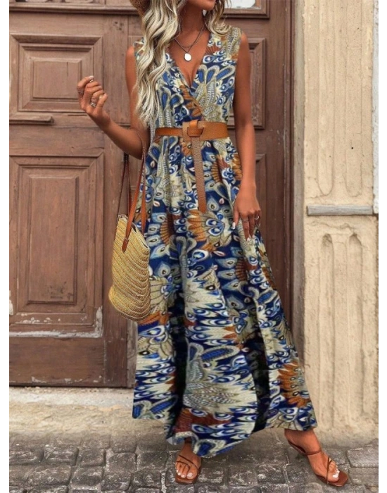 Kadın Askılı Kruvaze Yakalı Uzun Desenli Kemersiz Süprem Elbise