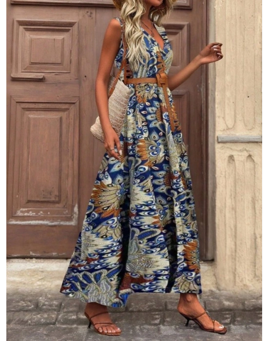 Kadın Askılı Kruvaze Yakalı Uzun Desenli Kemersiz Süprem Elbise