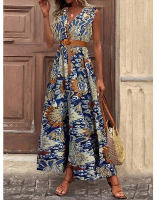 Kadın Askılı Kruvaze Yakalı Uzun Desenli Kemersiz Süprem Elbise