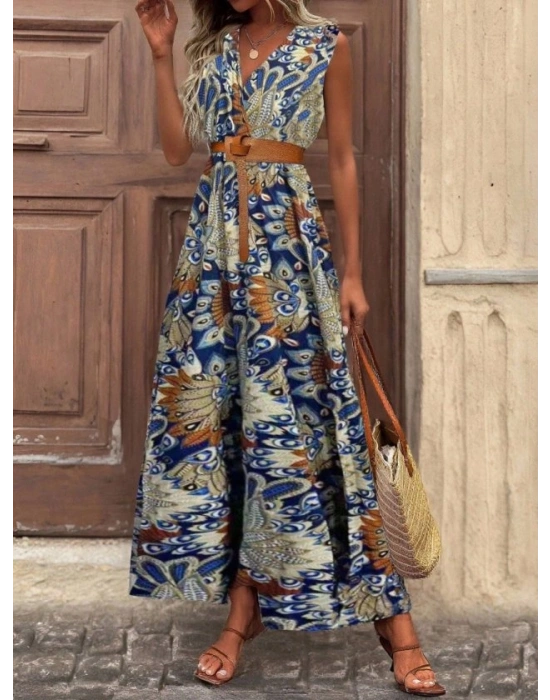 Kadın Askılı Kruvaze Yakalı Uzun Desenli Kemersiz Süprem Elbise