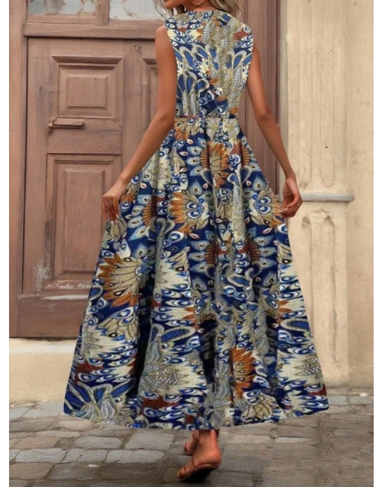 Kadın Askılı Kruvaze Yakalı Uzun Desenli Kemersiz Süprem Elbise