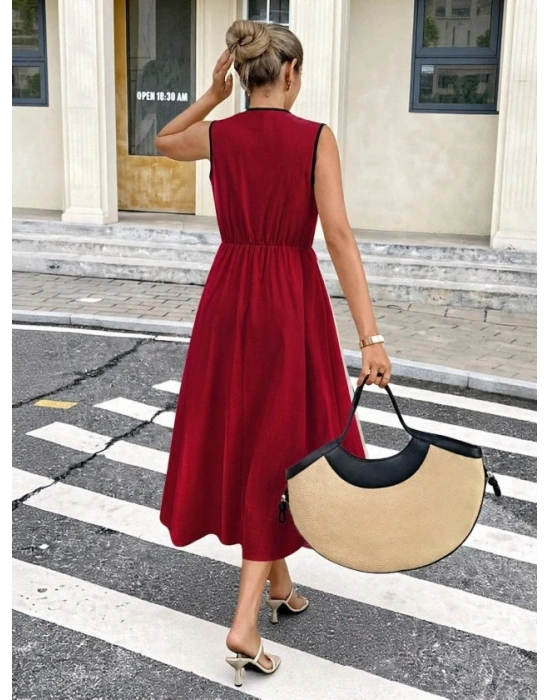 Kadın Askılı Kruvaze Yakalı Yandan Düğmeli Midi Elbise