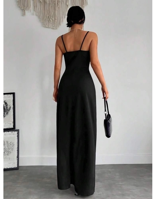 Kadın Askılı Kruvaze Yakalı Yırtmaçlı Krep Elbise