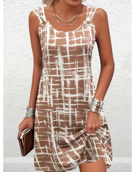 Kadın Askılı Kuş Gözü Detaylı Desenli Süprem Elbise