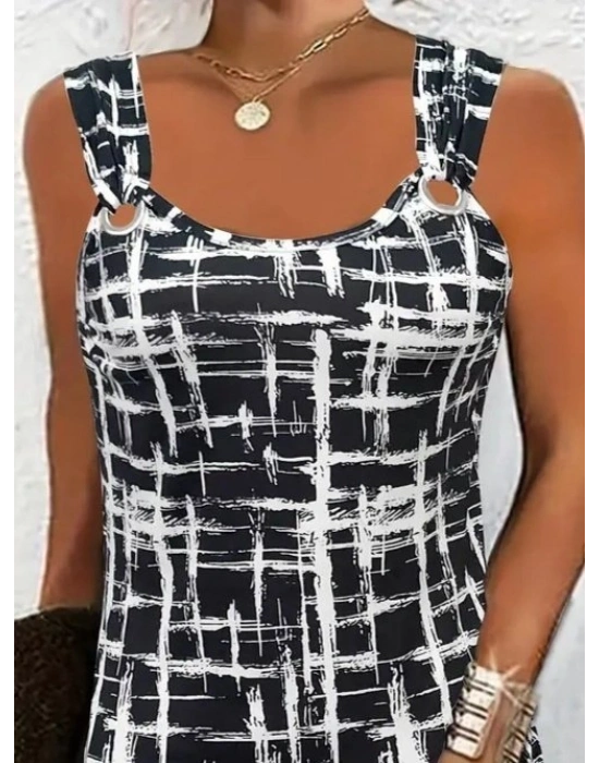 Kadın Askılı Kuş Gözü Detaylı Desenli Süprem Elbise