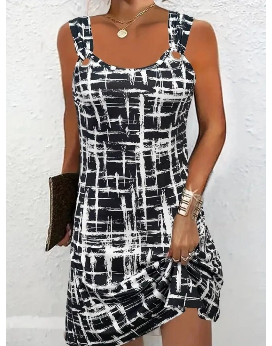 Kadın Askılı Kuş Gözü Detaylı Desenli Süprem Elbise