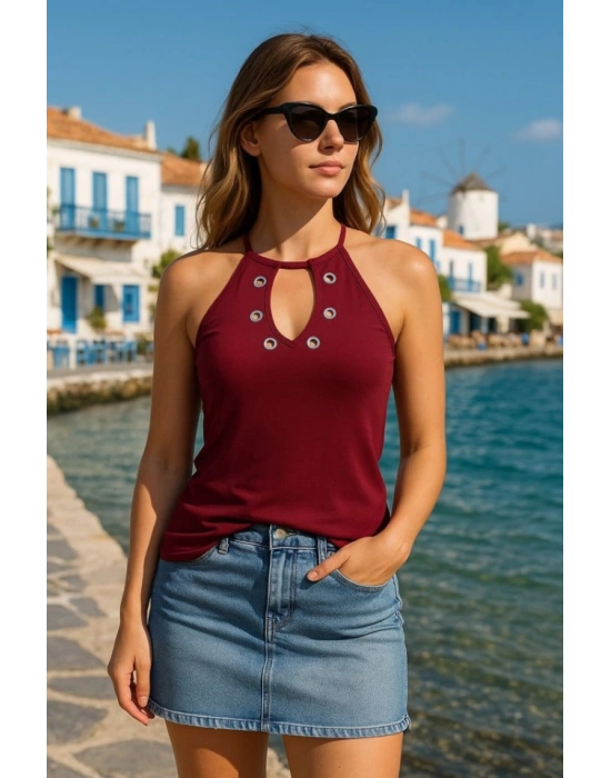 Kadın Askılı Kuş Gözü Ve Dekolte Detay Boyundan Bağlamalı Viskon Bluz