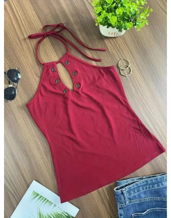 Kadın Askılı Kuş Gözü Ve Dekolte Detay Boyundan Bağlamalı Viskon Bluz