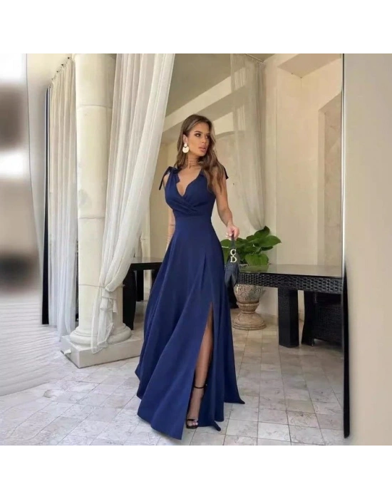 Kadın Askılı Omuzdan Bağlamalı Kruvaze Yakalı Uzun Yırtmaçlı Janjan Krep Elbise