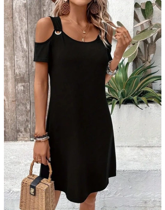 Kadın Askılı Omuzlardan Açık Kısa Kollu Kuş Gözü Detaylı Viskon Elbise