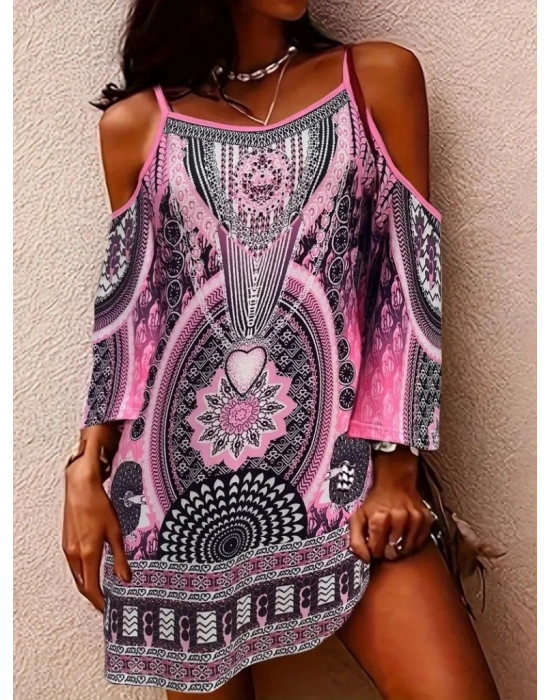 Kadın Askılı Omuzlardan Açık Truvakar Kol Desenli Kısa Süprem Elbise