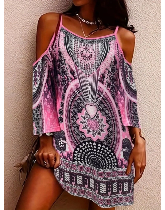 Kadın Askılı Omuzlardan Açık Truvakar Kol Desenli Kısa Süprem Elbise