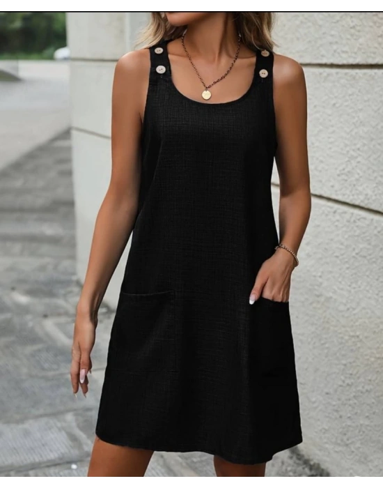 Kadın Askılı Omuzlardan Düğmeli Yuvarlak Yaka Cepli Keten Elbise