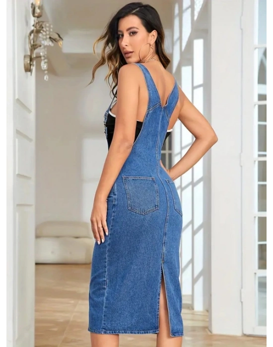 Kadın Askılı ön Ve Arka Cep Detaylı Diz Altı Kot alopet