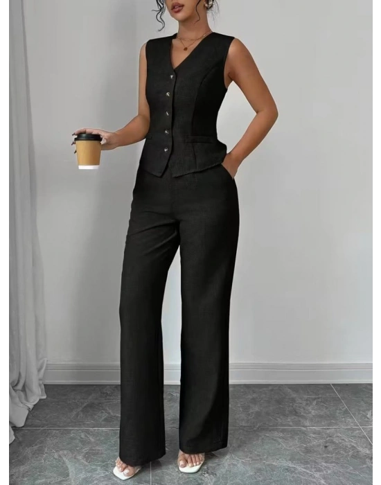 Kadın Askılı önden Düğmeli Bluz Ve Pantolon Keten Ikili Takım