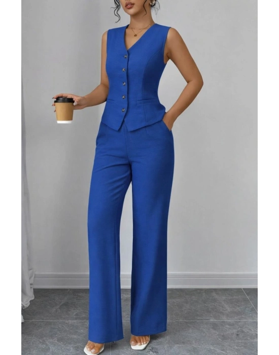 Kadın Askılı önden Düğmeli Bluz Ve Pantolon Keten Ikili Takım