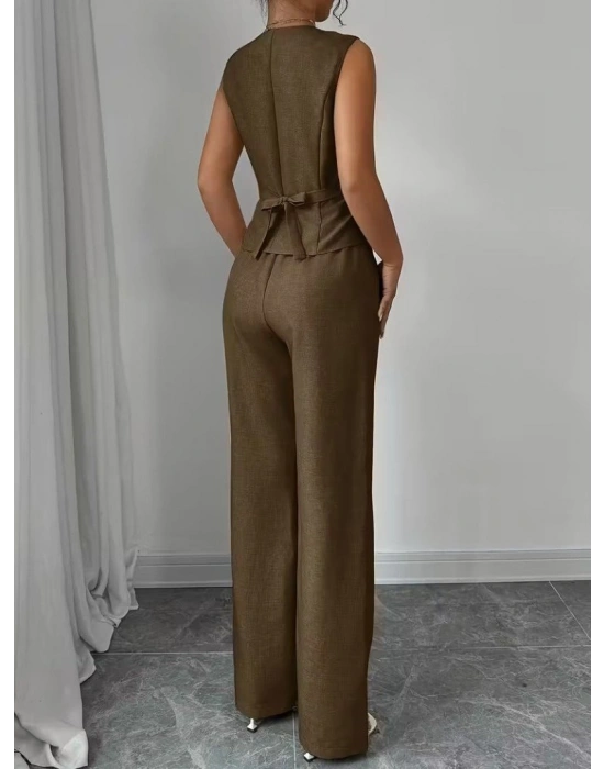 Kadın Askılı önden Düğmeli Bluz Ve Pantolon Keten Ikili Takım