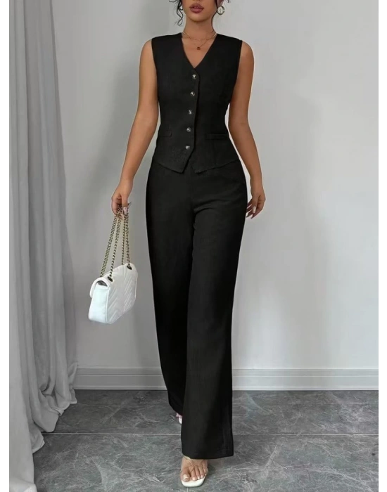 Kadın Askılı önden Düğmeli Bluz Ve Pantolon Keten Ikili Takım