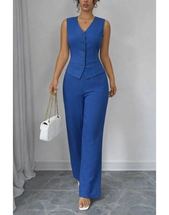 Kadın Askılı önden Düğmeli Bluz Ve Pantolon Keten Ikili Takım