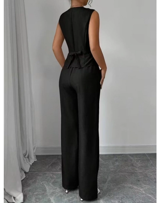 Kadın Askılı önden Düğmeli Bluz Ve Pantolon Keten Ikili Takım