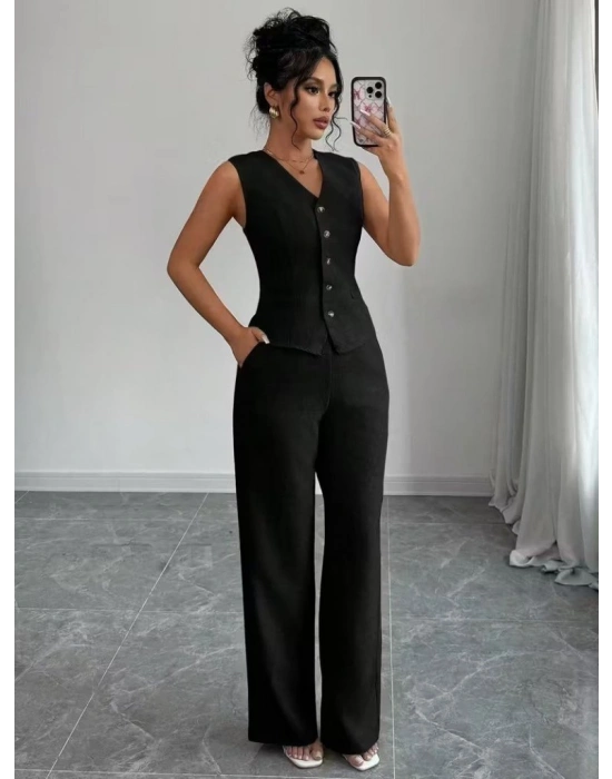 Kadın Askılı önden Düğmeli Bluz Ve Pantolon Keten Ikili Takım