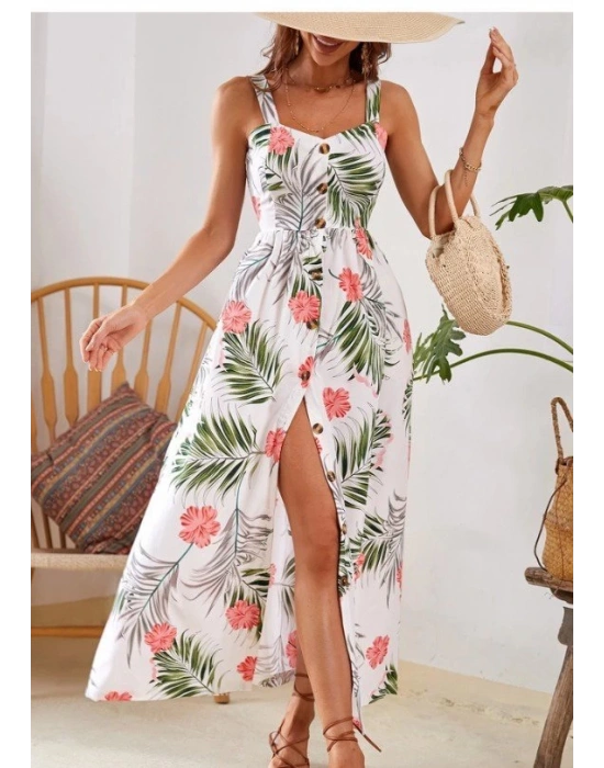 Kadın Askılı önden Düğmeli Yaprak Desenli Uzun Süprem Elbise