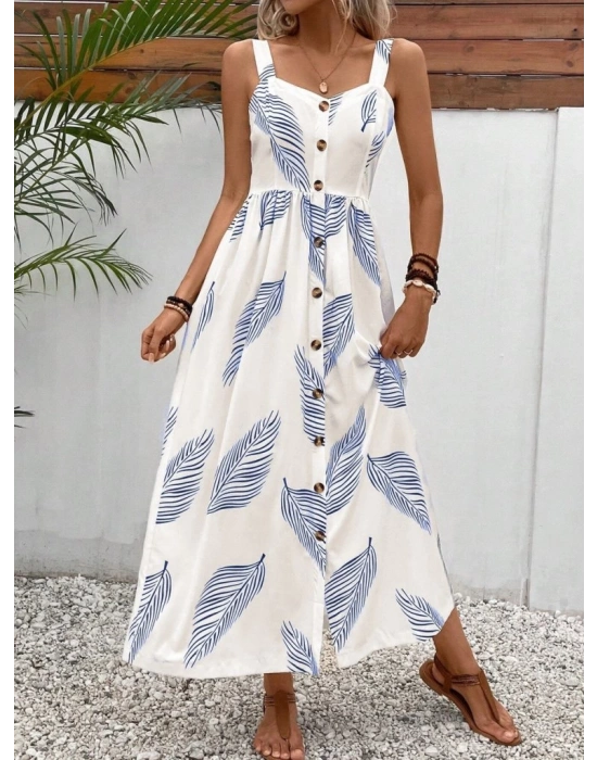 Kadın Askılı önden Düğmeli Yaprak Desenli Uzun Süprem Elbise