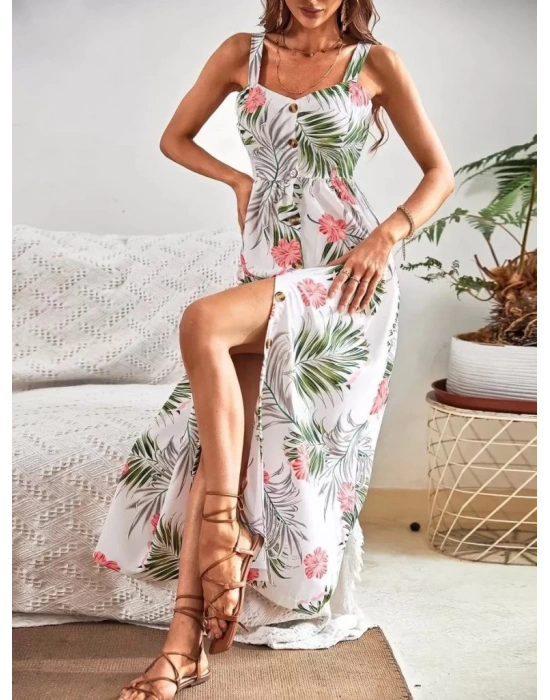 Kadın Askılı önden Düğmeli Yaprak Desenli Uzun Süprem Elbise