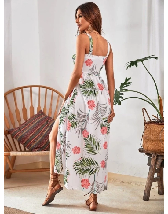 Kadın Askılı önden Düğmeli Yaprak Desenli Uzun Süprem Elbise