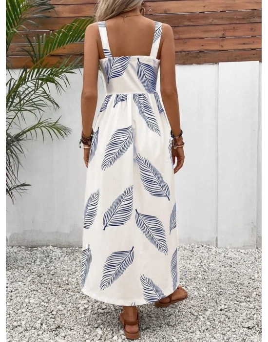 Kadın Askılı önden Düğmeli Yaprak Desenli Uzun Süprem Elbise