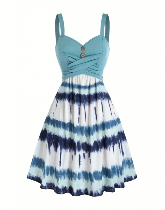 Kadın Askılı önü Düğme Detaylı Baskılı Kiloş Etek Süprem Elbise