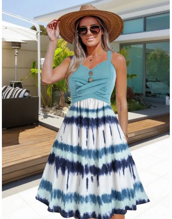 Kadın Askılı önü Düğme Detaylı Baskılı Kiloş Etek Süprem Elbise