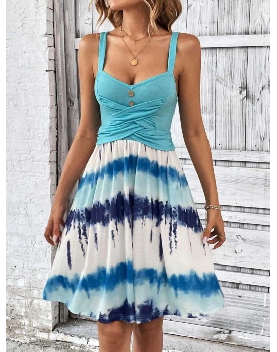 Kadın Askılı önü Düğme Detaylı Baskılı Kiloş Etek Süprem Elbise