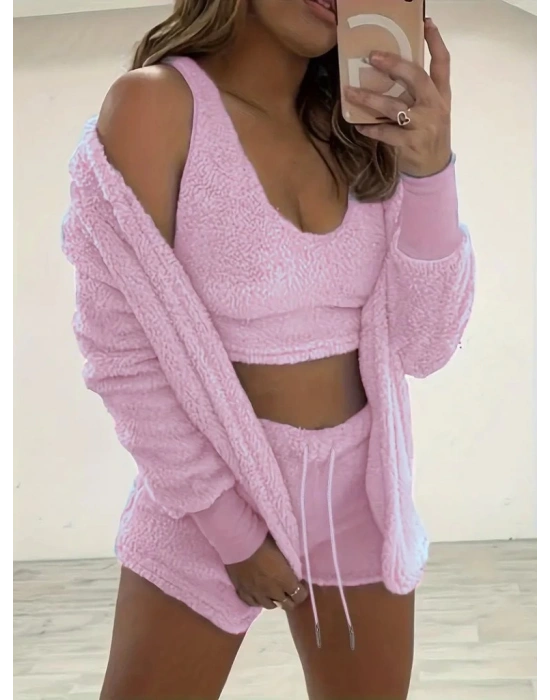 Kadın Askılı Peluş Bluz,şort Ve Ceket üçlü Takım