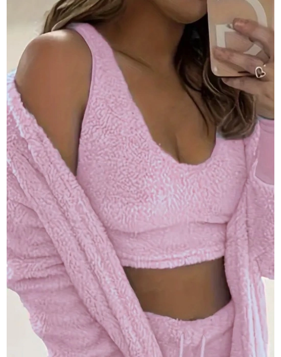 Kadın Askılı Peluş Bluz,şort Ve Ceket üçlü Takım