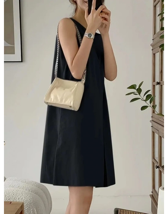 Kadın Askılı Sıfır Kol A Kesim Detaylı Ithal Krep Elbise