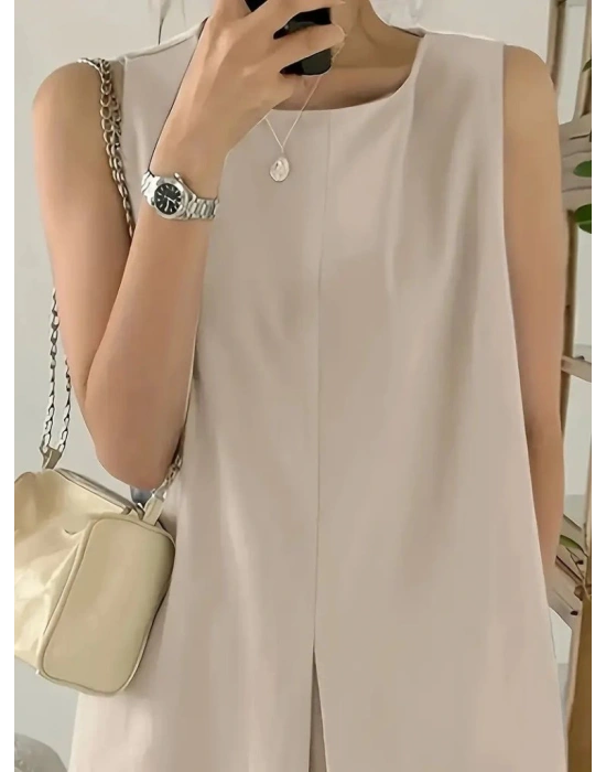 Kadın Askılı Sıfır Kol A Kesim Detaylı Ithal Krep Elbise