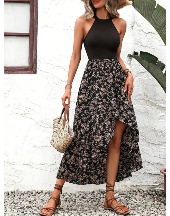 Kadın Askılı Sırt Dekolteli çiçek Baskılı üst Viskon Alt Süprem Elbise