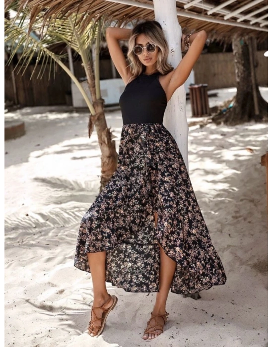 Kadın Askılı Sırt Dekolteli çiçek Baskılı üst Viskon Alt Süprem Elbise