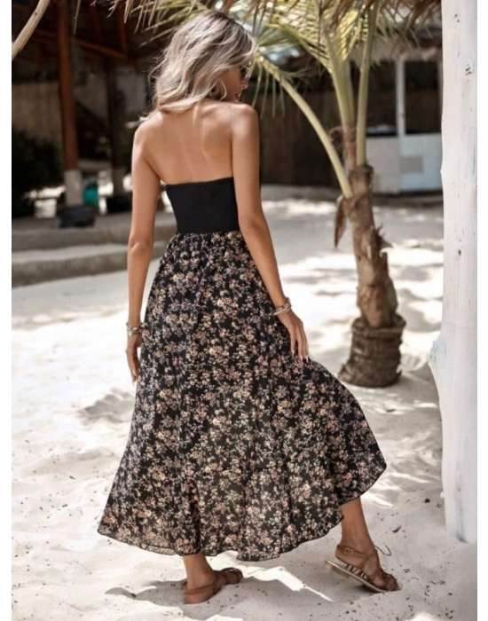 Kadın Askılı Sırt Dekolteli çiçek Baskılı üst Viskon Alt Süprem Elbise