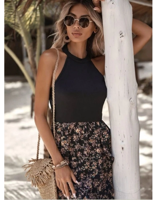 Kadın Askılı Sırt Dekolteli çiçek Baskılı üst Viskon Alt Süprem Elbise