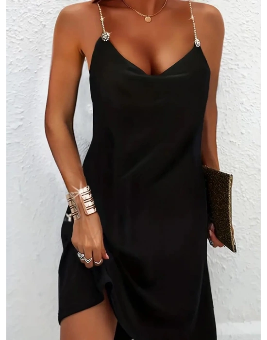 Kadın Askılı Taş Aksesuarlı Degaje Yaka Sandy Elbise