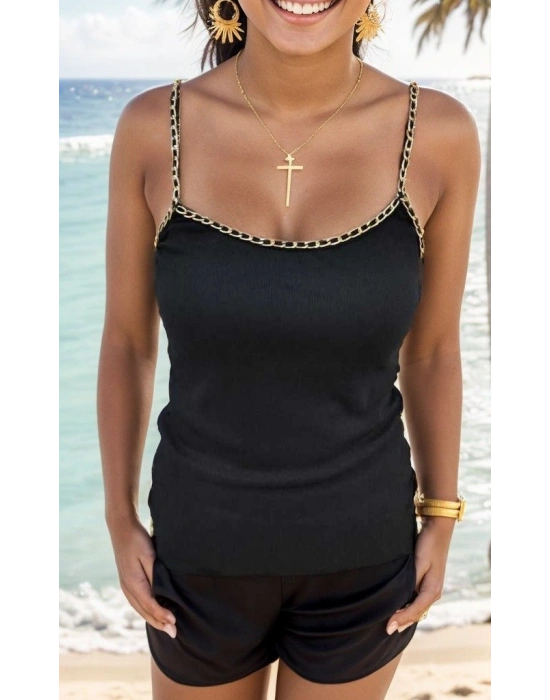 Kadın Askılı U Yaka Zincir şeritli Kaşkorse Bluz