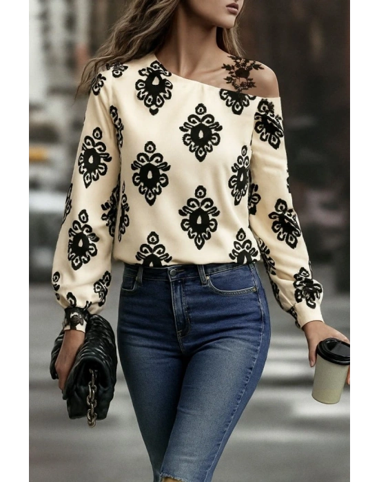 Kadın Askılı Uzun Kollu Omuzlardan Açık Desenli Mosskrep Bluz